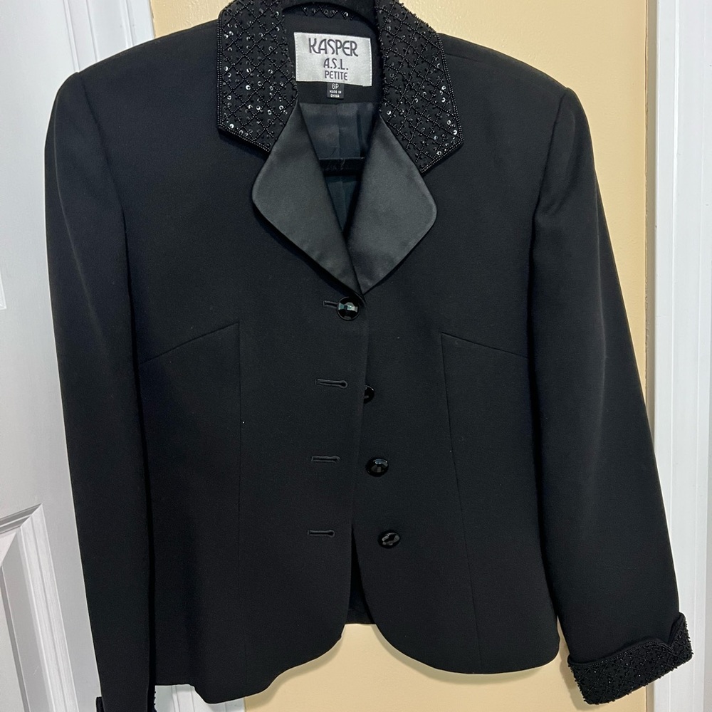 Kasper Petite Black Beaded Collar Blazer